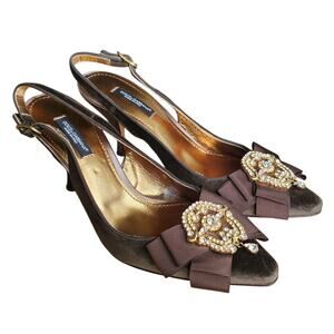 Dolce & Gabanna Brown Velvet Jeweled Embellished Slingback Kitten Heels - 36 EU